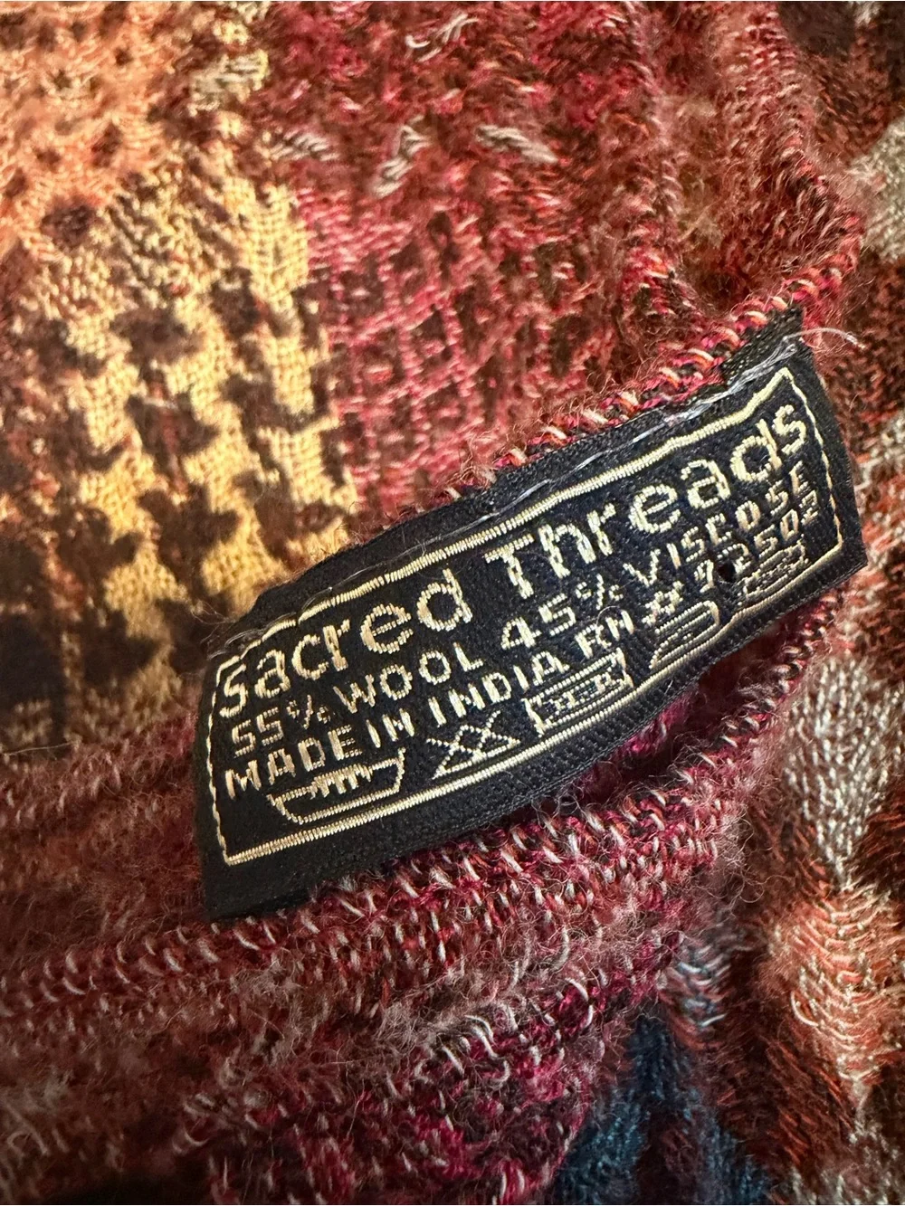 Sacred Threads Wool Viscose Patchwork Fringe Scarf Burgundy Boho
